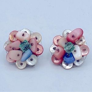 Vintage Japan Cluster Multi Colored Shell Bead Earrings Marked Japan Clip On